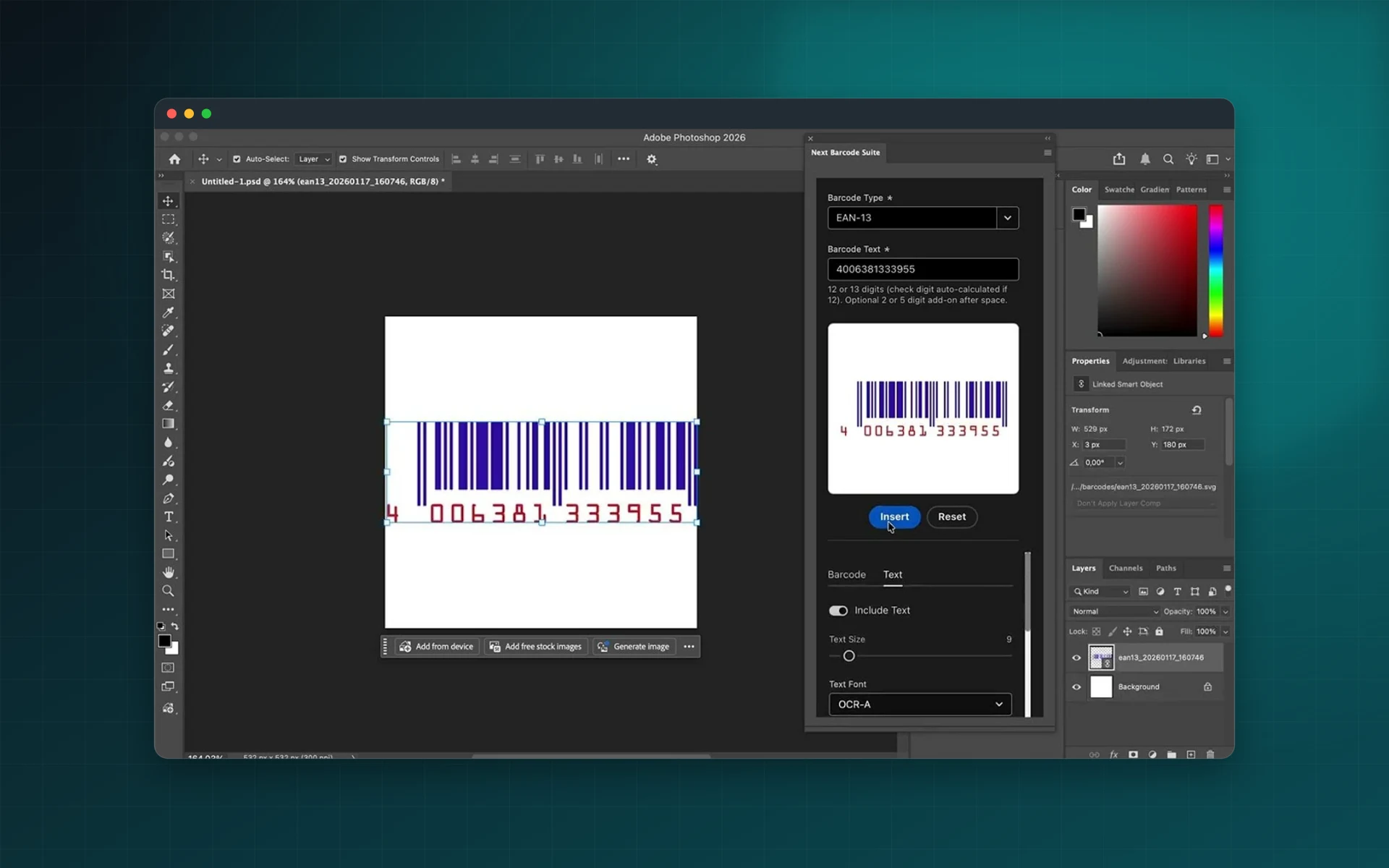 Next Barcode Suite for Adobe Photoshop: see it inside the app