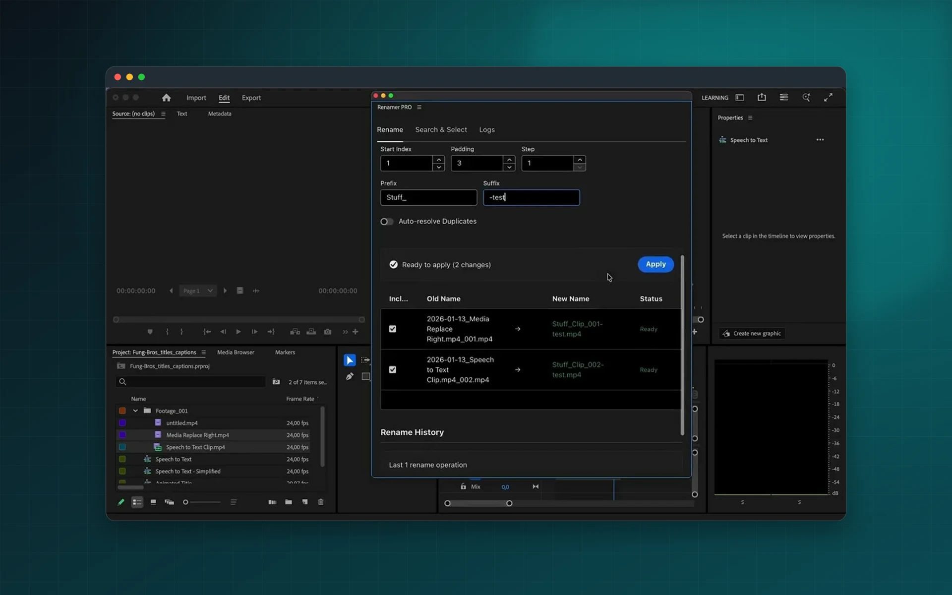 Renamer PRO for Premiere Pro: see it inside the app