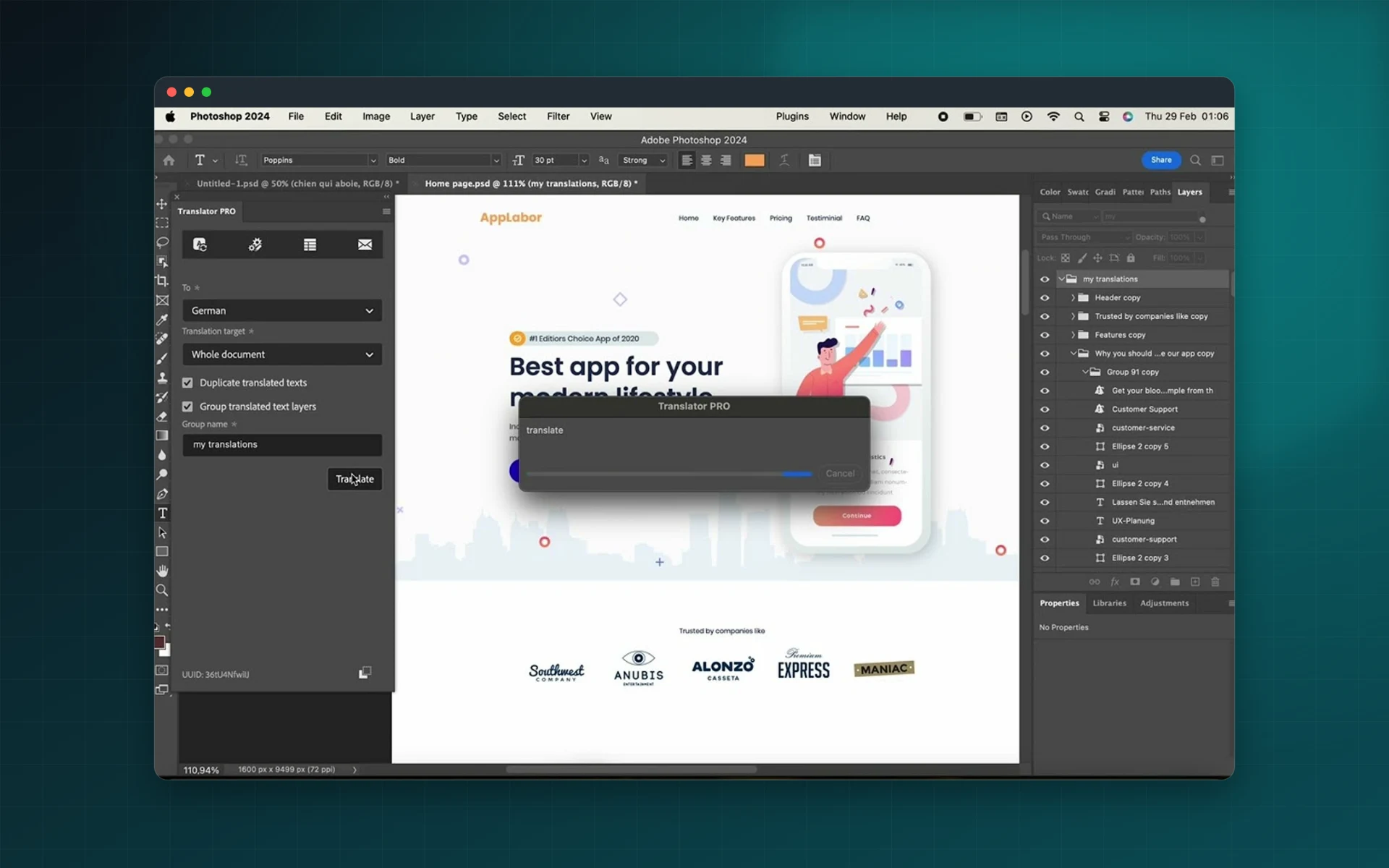 Translator PRO for Adobe Photoshop: see it inside the app
