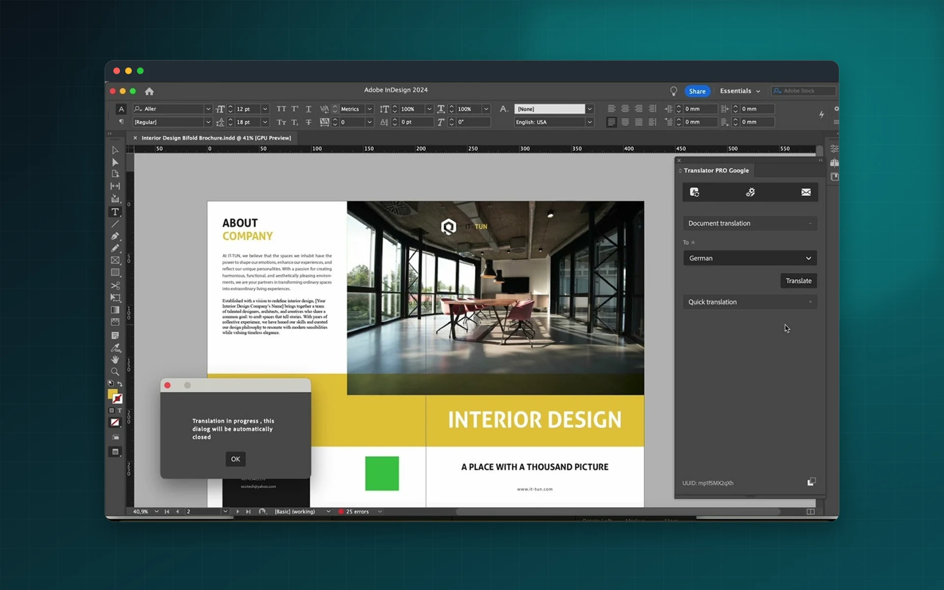 Translator PRO Google for Adobe InDesign: see it inside the app