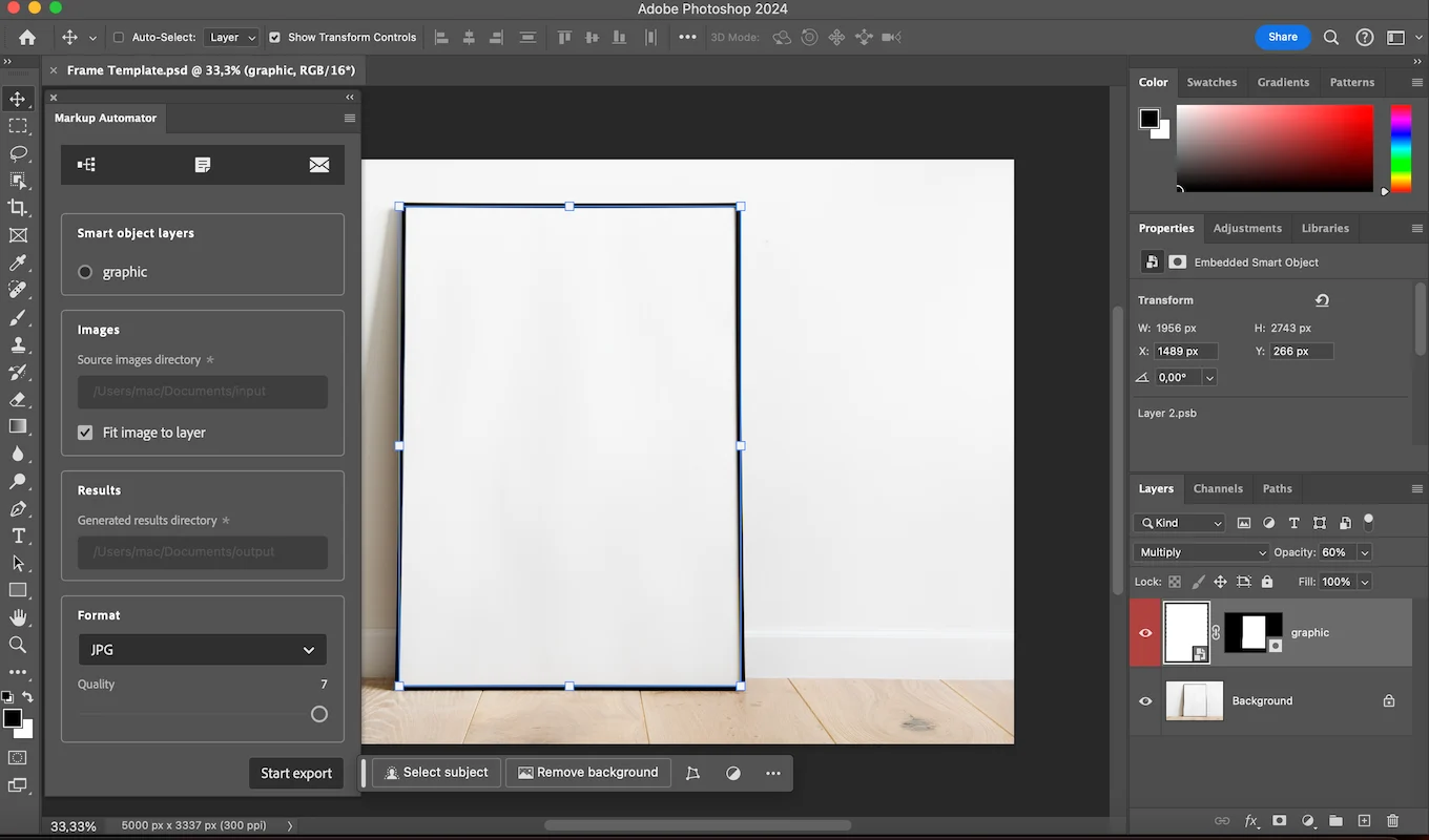 Markup Automator panel next to a frame mockup in Photoshop