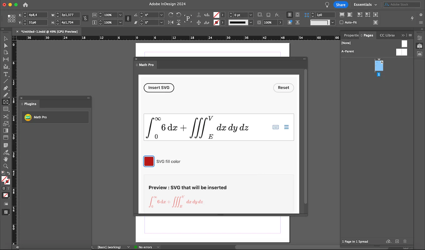 Math Pro editor with preview of the SVG to insert