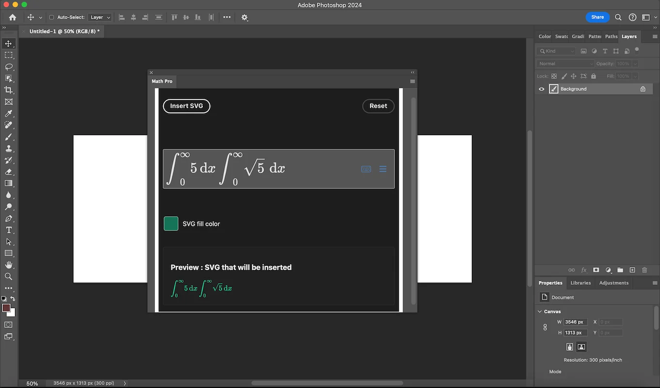 Math Pro editor inserting an SVG formula in Photoshop