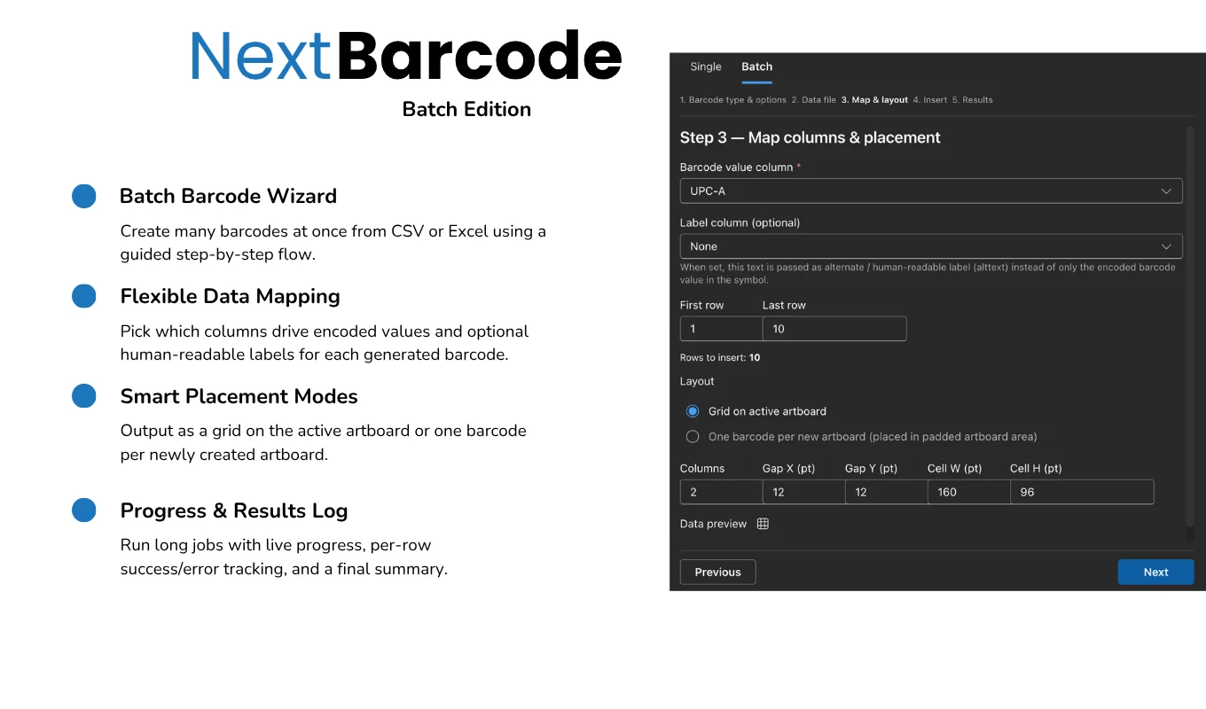Batch wizard: data mapping, layout and placement options