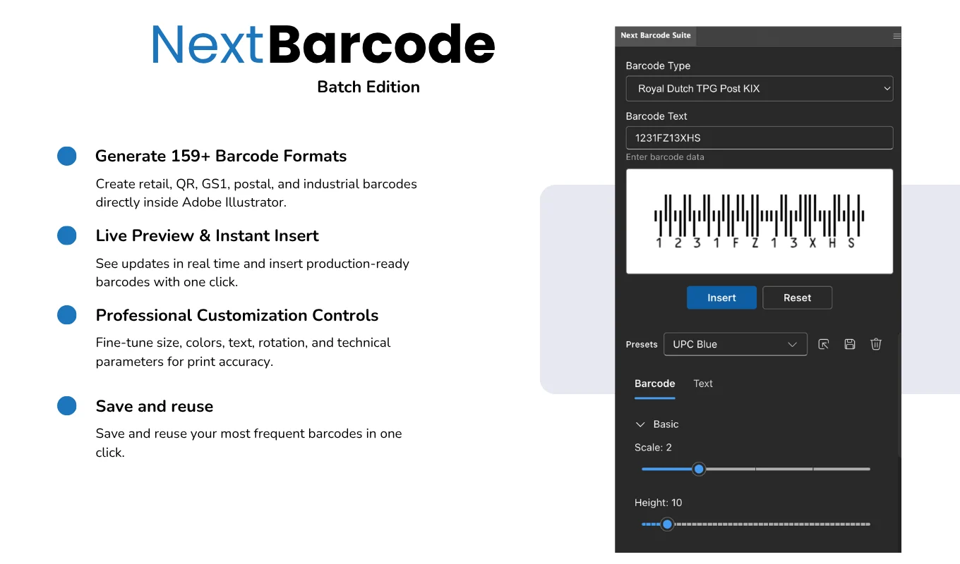 Single barcode generator with live preview and presets