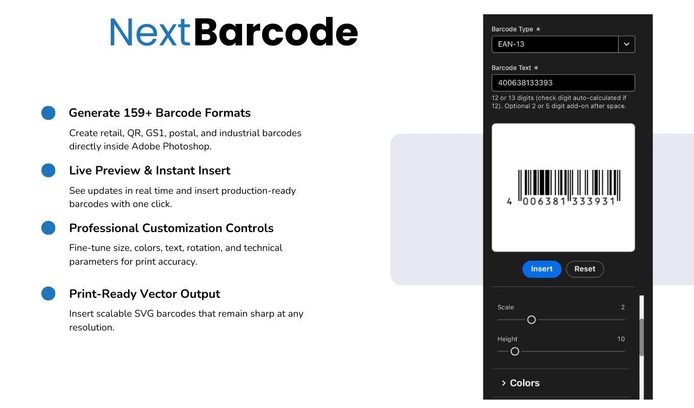 Next Barcode Suite panel with live preview