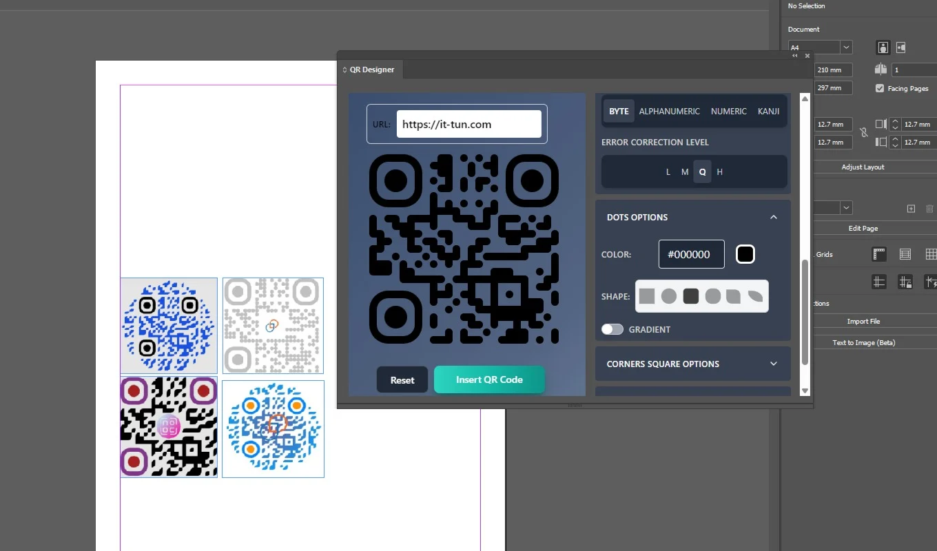 QR Designer panel with styled codes and logo options