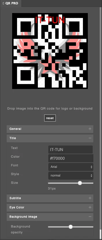 QR PRO options panel with a styled QR code