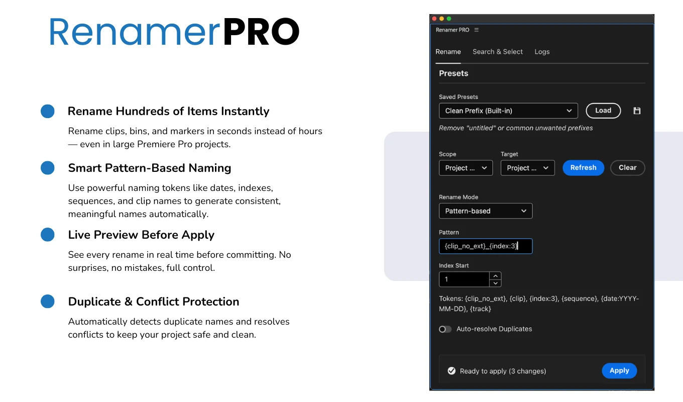 Pattern-based renaming with live preview