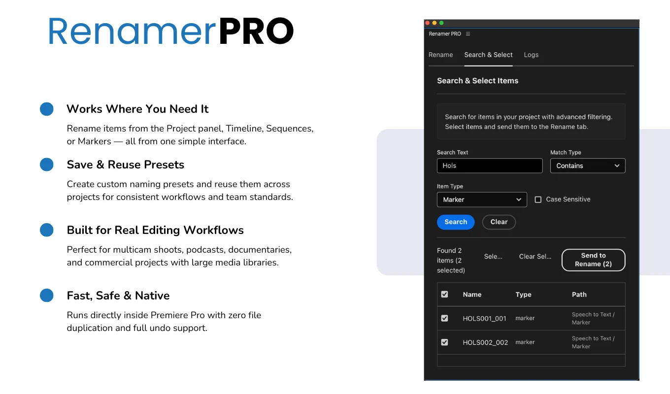 Search and select items across the project, timeline and markers