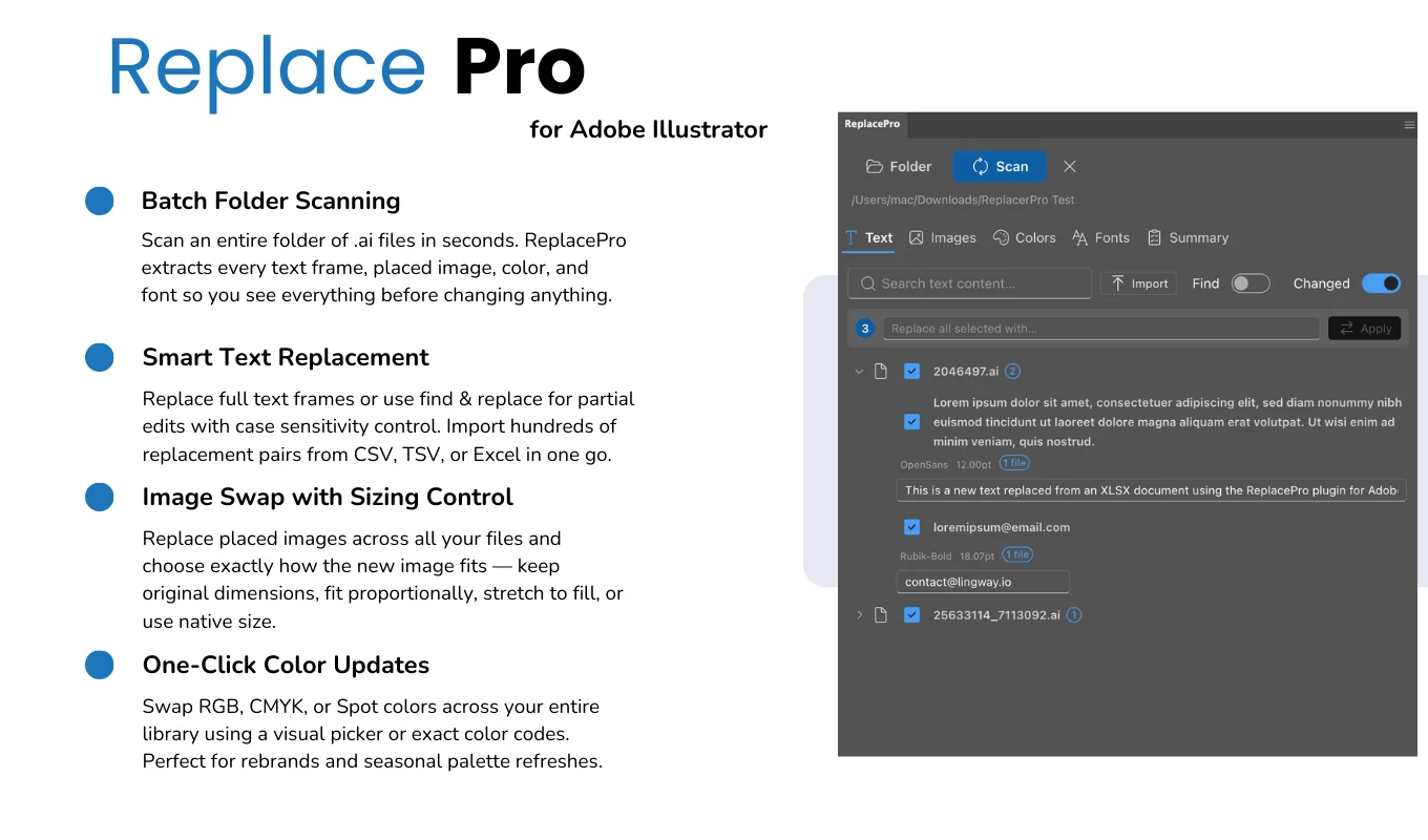 Folder scanning, smart text replacement and image swap