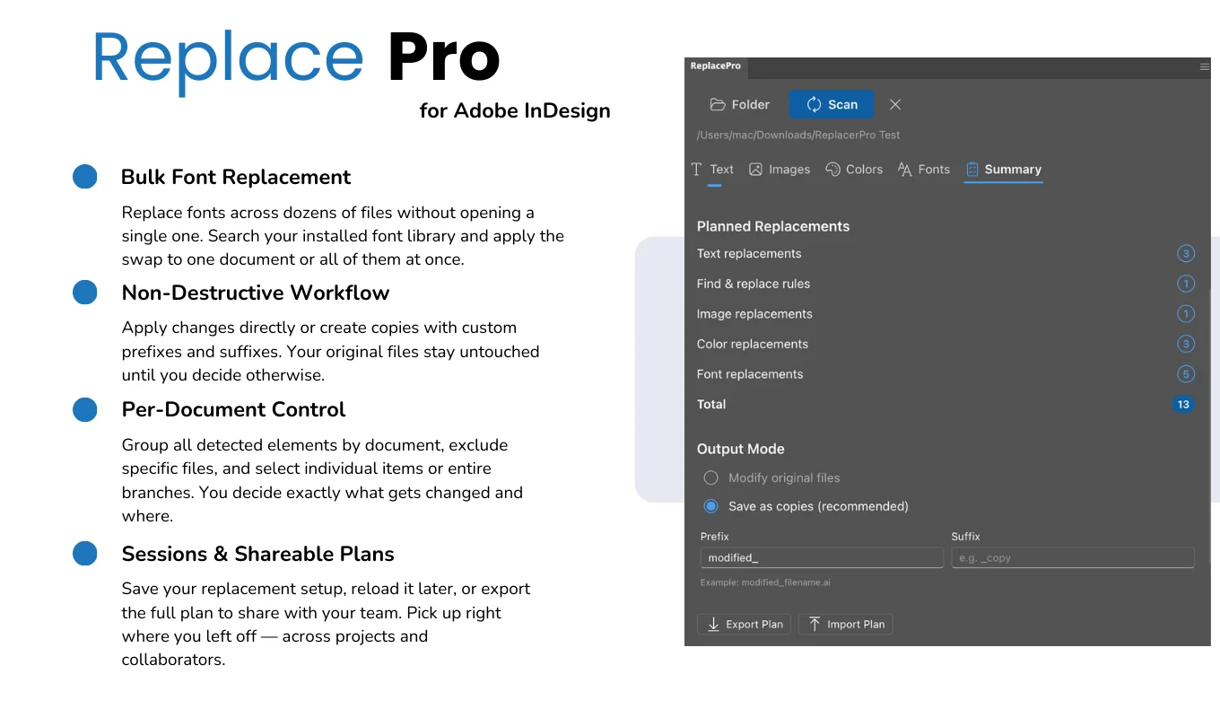 Font replacement, per-document control and saved sessions