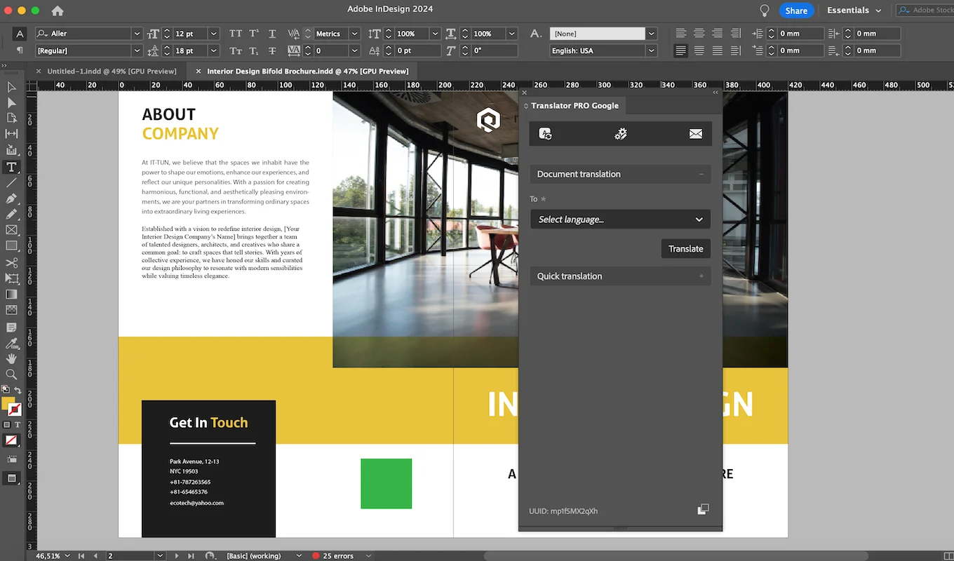 Translator PRO Google panel translating a brochure in InDesign
